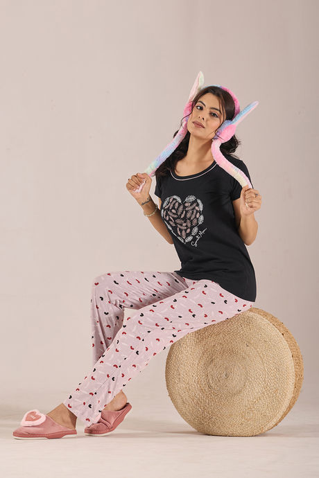 Sweet Moon Knit Cotton Pyjama Set - Nude Violet Black — image 4